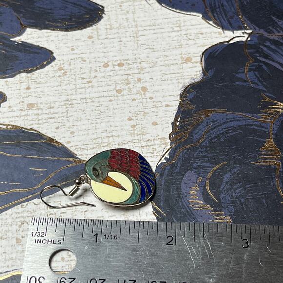 Vintage Silver Tone Enamel Cloisonne Bird Earrings - Picture 5 of 6